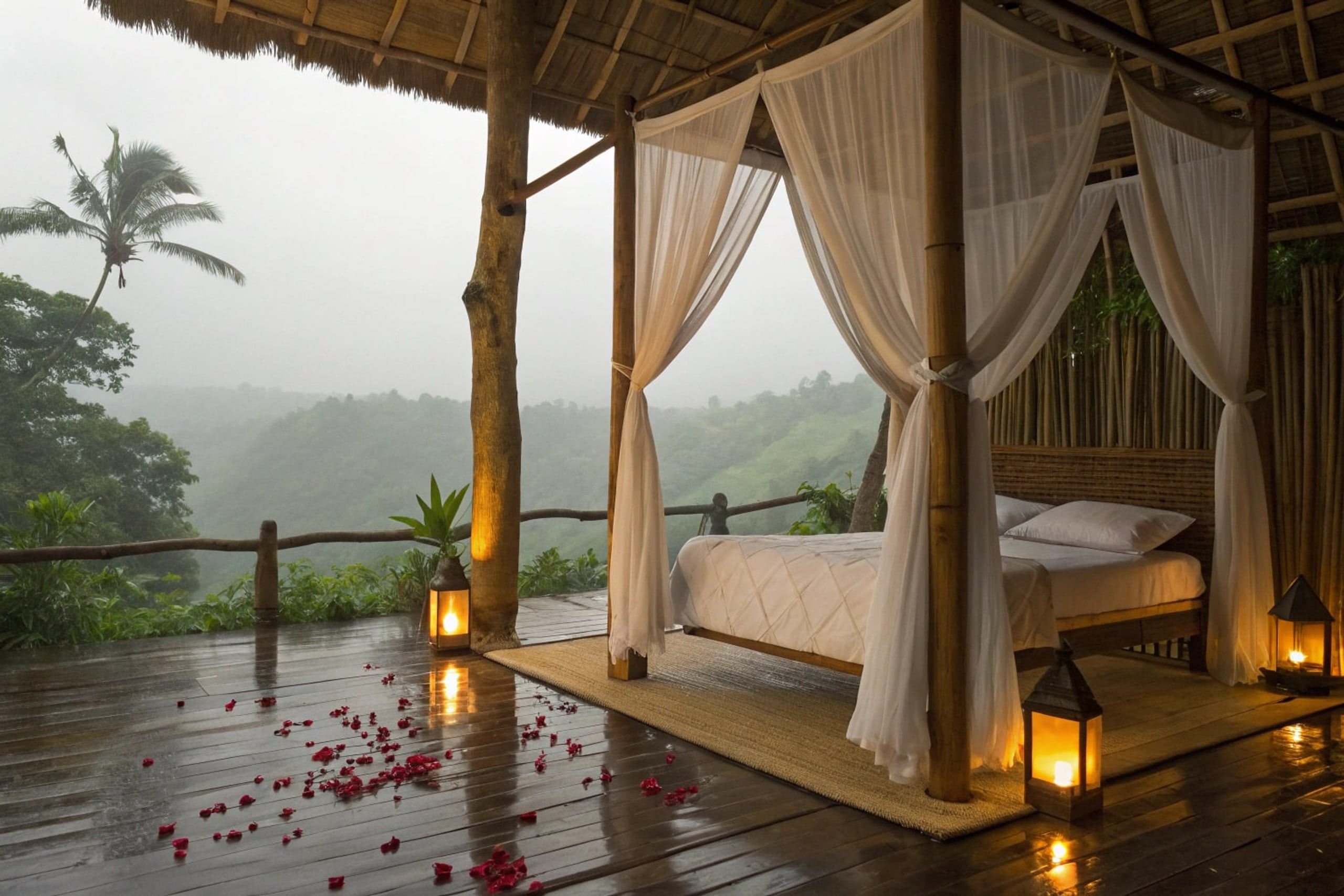 Canopy bed with mosquito netting in a bamboo cabin, jungle beyond.