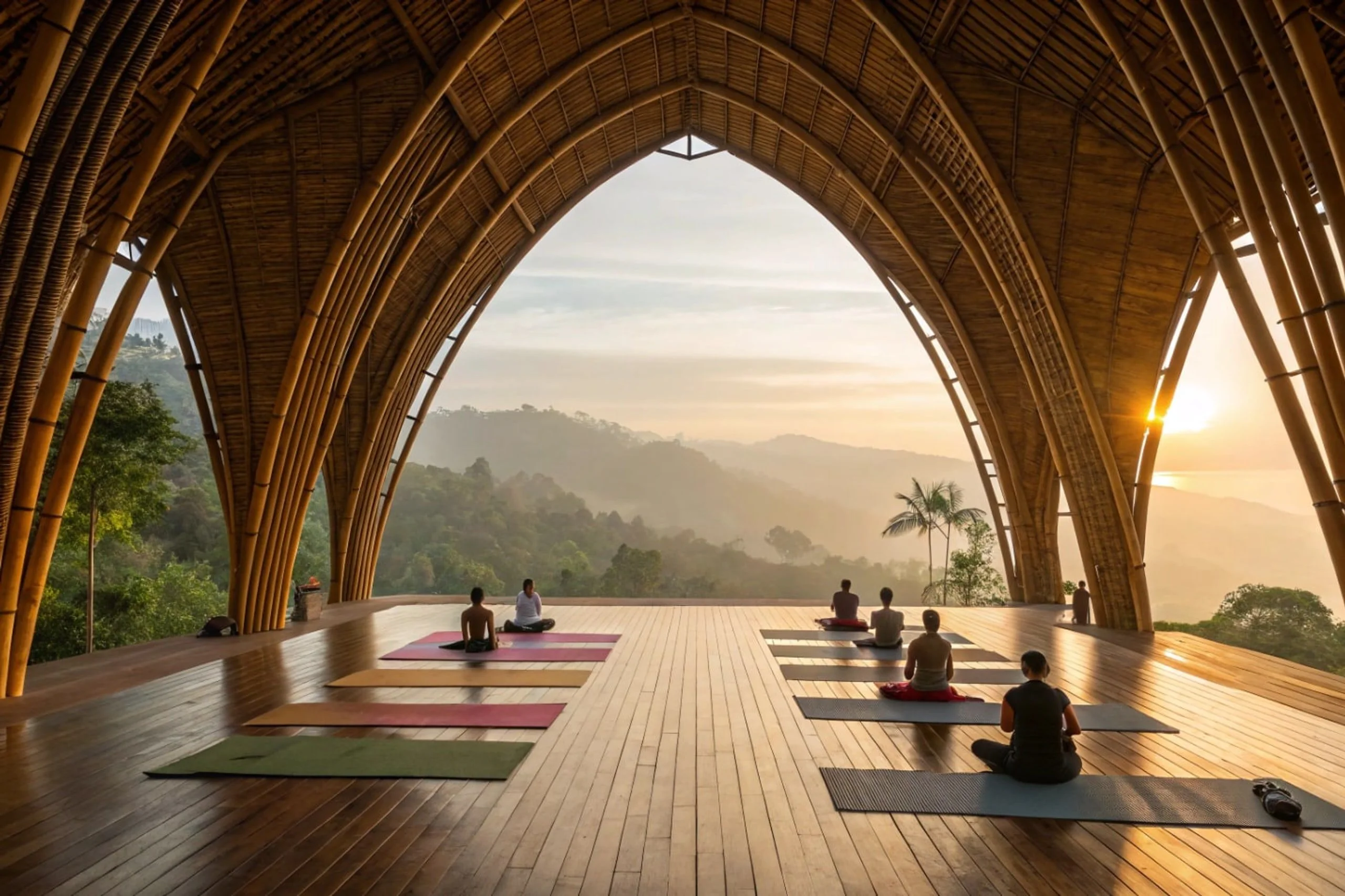 A morning yoga session under sweeping bamboo arches at sunrise, mountains beyond.