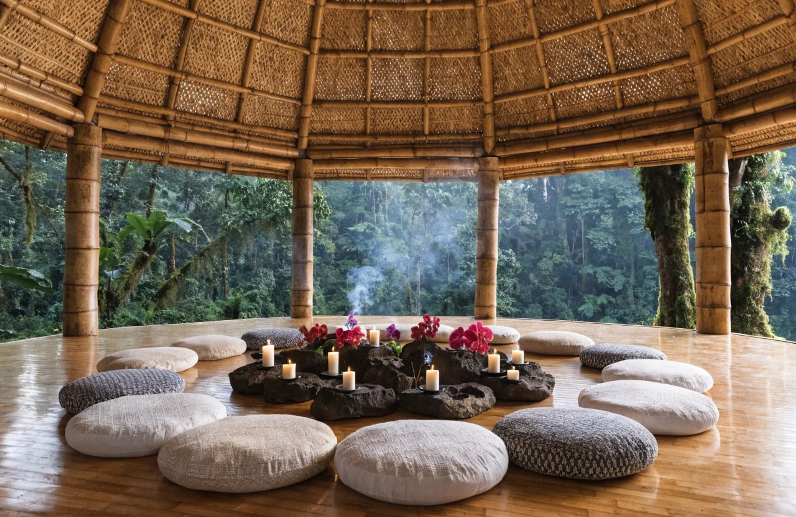 A circle of cushions arranged around orchids, candles, and stones inside an open bamboo pavilion.