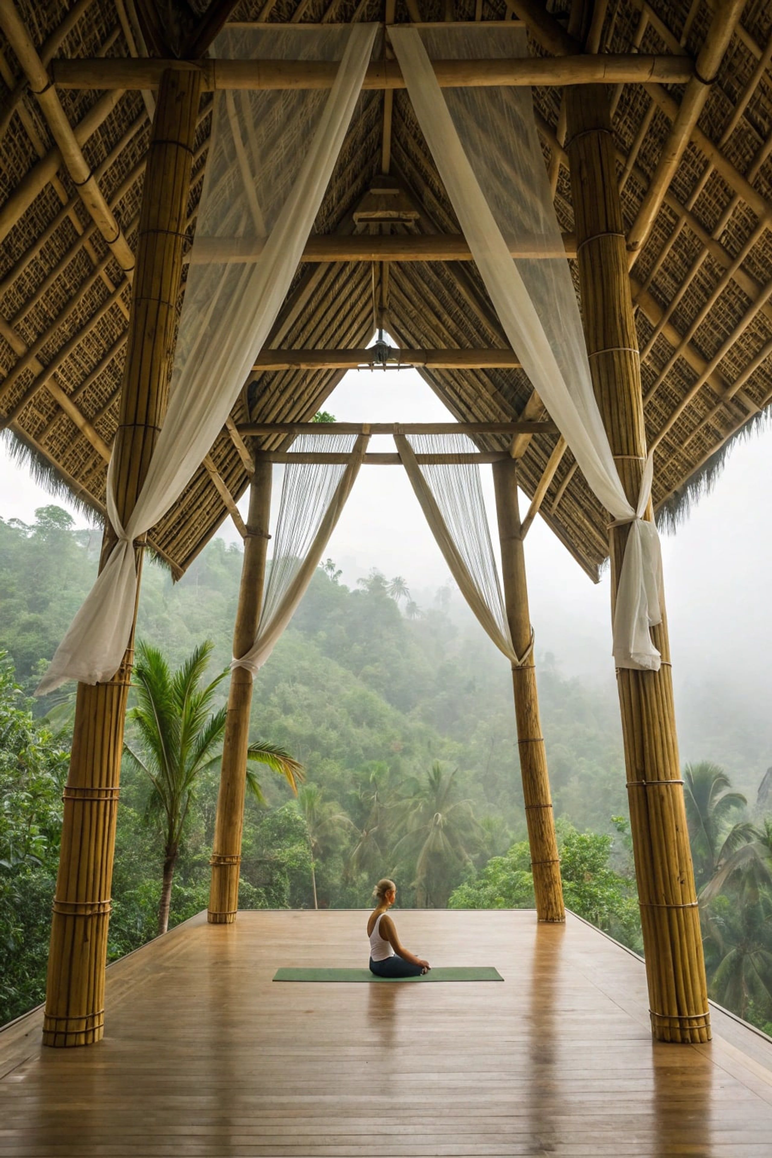 Single guest seated at the front of a bamboo pavilion in morning mist.