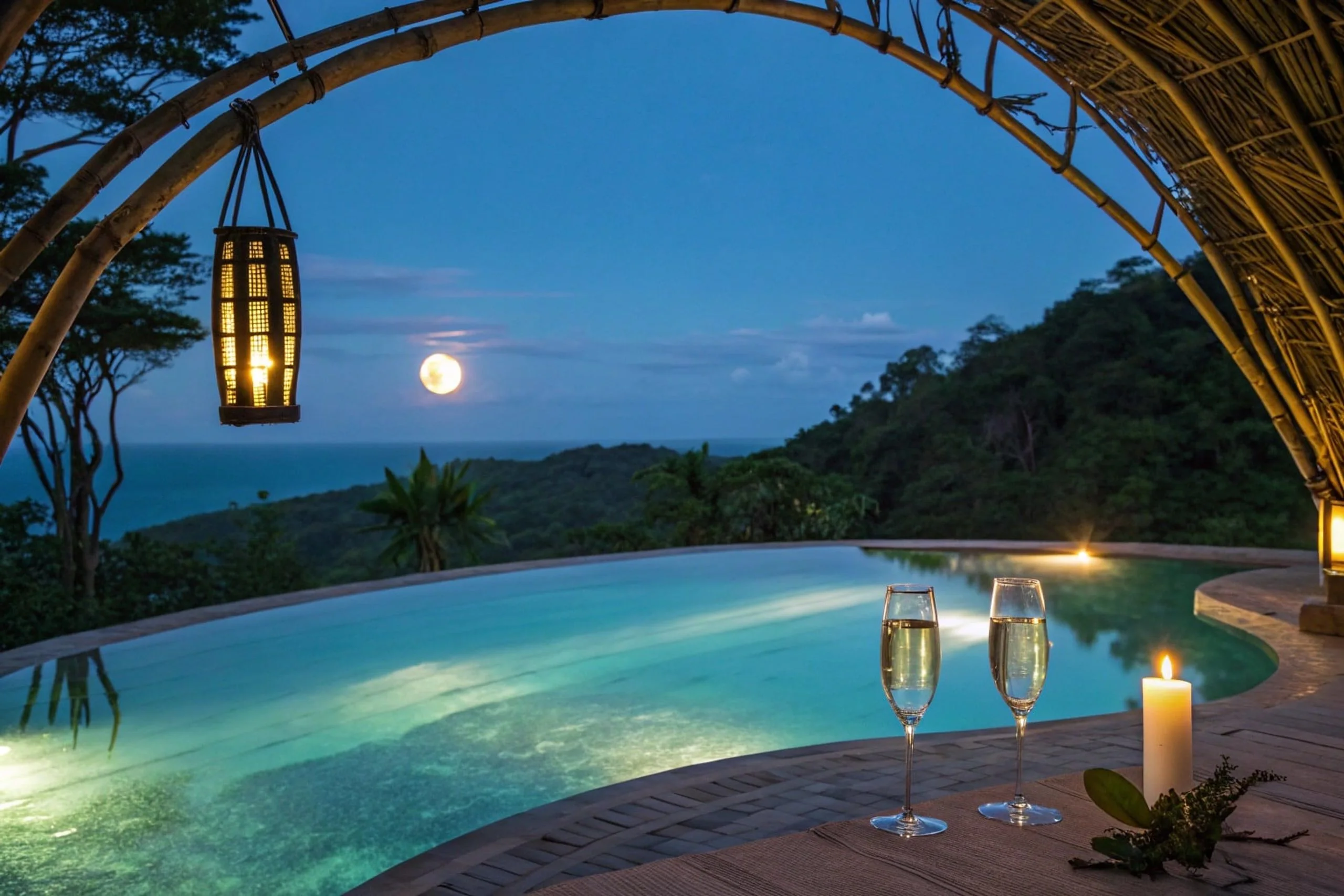 Moonlit infinity pool with two champagne flutes and a candle on a wooden deck.